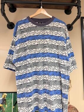 90s Shah Safari Vintage Striped Abstract All Over Print AOP Tee Shirt Stussy Art